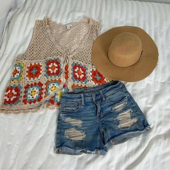 Cato Jackets & Blazers - Cato Tan Floral Crochet Vest Women’s Plus Sz 18/20 Granny Square Hippie 70’s
